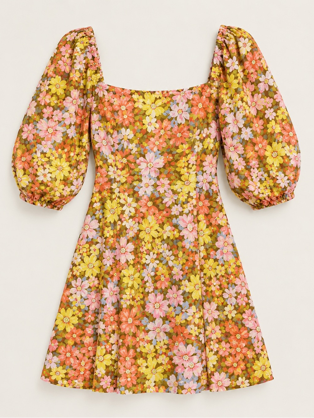 Billabong Floral Puff-Sleeve Mini Dress - Pink, Yellow, Orange #153
